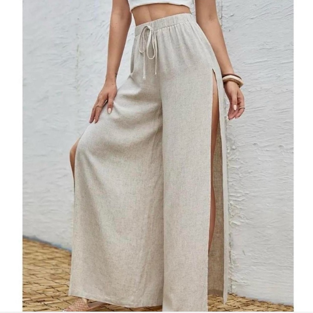 Khaki Tan Beige High Waist Slit Pants